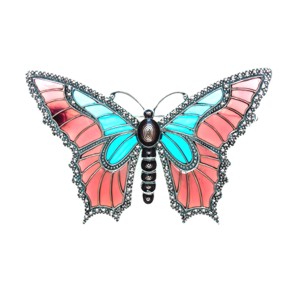 Blue and Pink Enamel Butterfly Pin with Marcasite